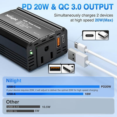 Nilight 150W Power Inverter 12V DC to 110V AC Car Converter with PD 30W USB C & QC3.0 for Phones Tablets Laptop Computer Game Console Kindle iPad DVD Players Black