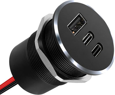 78W 3-Port 12V USB Outlet,Dual 30W PD3.0 Type-C + 18W QC3.0 USB-A Car Charger, Aluminum RV USB Power Socket with Silver Ring, Cigarette Lighter Replacement for Boat Truck Marine Car (1Pcs) | multi-layer safety protection heat dissipation use glare-free...