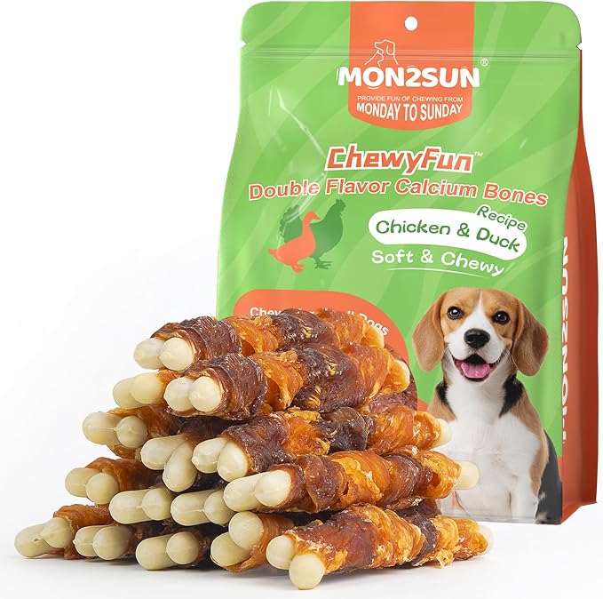 Double Flavor Dog Treats, 4 Inch Chicken and Duck Wrapped Calcium Bones, Rawhide Free Chews for Small Dogs, Teeth Cleaning Bones, 10.58 oz (15 Count-Pack of 1)