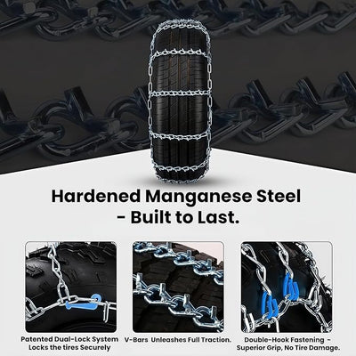 V-Bar Tire Chains 2 Pack for Car, SUV 14" to 18" Tire Snow Ice Traction | V-Bar Ice Studs Boost Traction; CAM Self-tightening Lock, Durable Manganese Steel, Anti-slip Secure Fit for Sedan & SUV