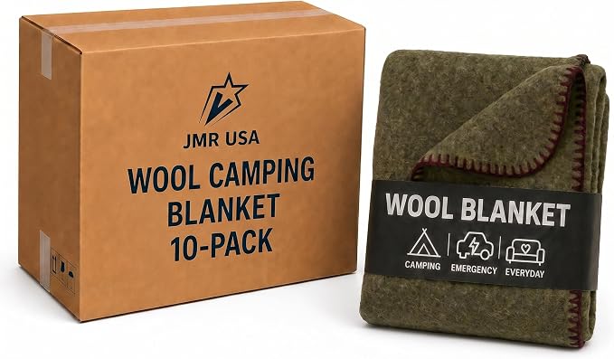 Wool Camping Blanket 10-Pack - 70% Wool Heavy-Duty Military Style Throw, Warm & Washable, Fire Retardant Cover for Emergency, Survival & Outdoor Use - For Camping, Car, Home & Hiking, Olive 66x90