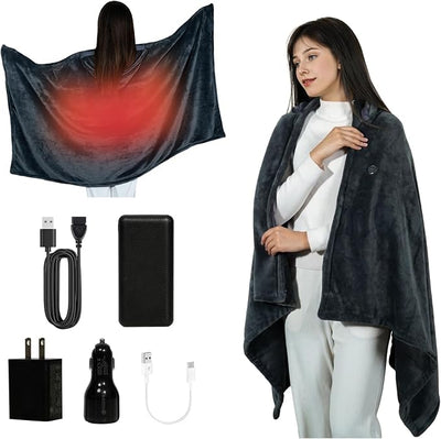 Cordless Heated Blanket Battery Powered; USB Wearable Portable Heated Throw Blanket with Hood, 20000 mAh Battery, 9 Heating Zone, 3-Level; Portable Heated Shawl Cordless; Camping (Comfort Warm Gray)