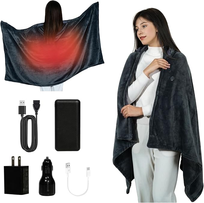 Cordless Heated Blanket Battery Powered; USB Wearable Portable Heated Throw Blanket with Hood, 20000 mAh Battery, 9 Heating Zone, 3-Level; Portable Heated Shawl Cordless; Camping (Comfort Warm Gray)