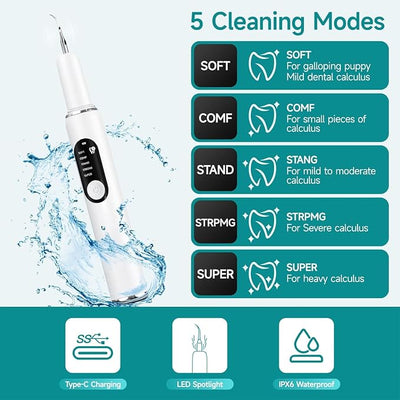 Dog Teeth Cleaning Kit Dog Plaque and Tartar Remover with LED Light 5 Adjustable Modes Electric Toothbrush Pet Teeth Cleaner for Dogs and Cats (Off-White)