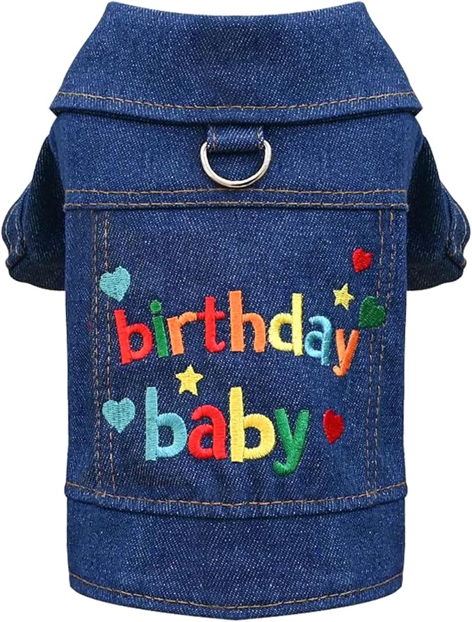 Dog Jean Jacket with D-Ring Blue Denim Coat Dogs Outfits for Small Dogs Cats Boy Male Girl Birthday Clothes Costume Letter Embroidery Dogggie Puppy Winter Warm Clothes(Birthday Baby,XS)