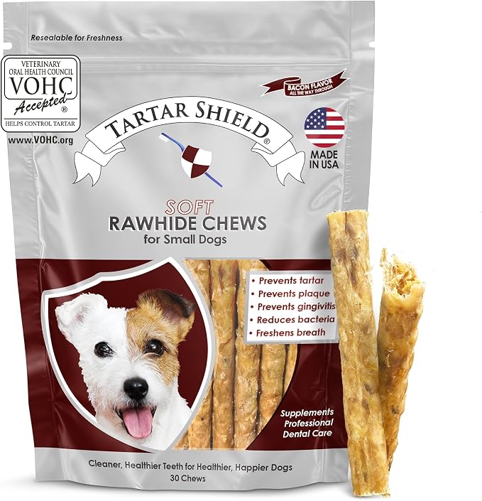 Tartar Shield® Soft Rawhide Dental Chews for Small Dogs | VOHC Accepted | Reduces Tartar, Controls Plaque & Freshens Breath | Vet Recommended | Bacon Flavor | USA Made | 30 Count