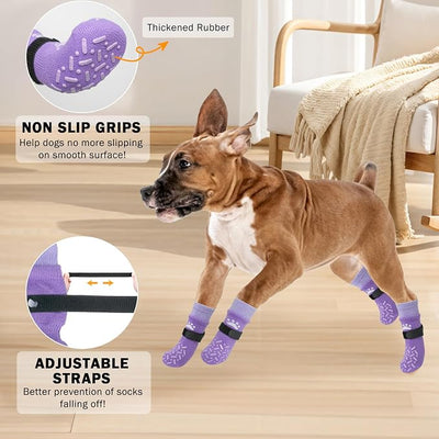 SCENEREAL Dog Socks to Prevent Licking Paws for Hot/Cold Pavement, Anti Slip High Top Dog Grip Socks for Hardwood Floors, Dog Shoes Booties&Paw Protector for Small Medium Large Senior Dog, Purple M