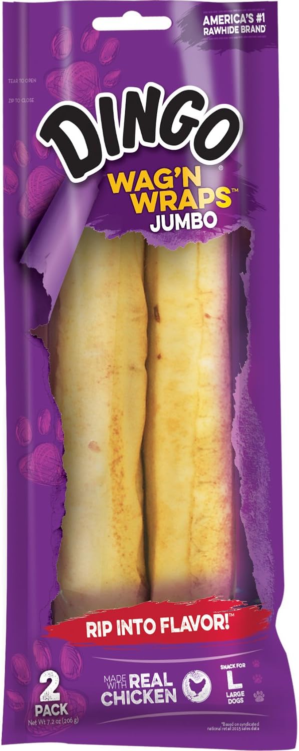 Wag’n Wraps Jumbo 2 Count, Made With Real Chicken, Rawhide Snack For Large Dogs