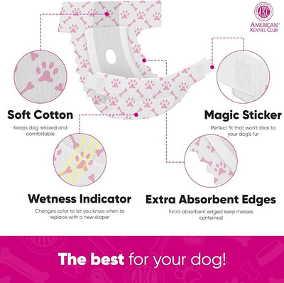 American Kennel Club Dog Diapers, Small, Female | Disposable | Wetness Indicator | 50 Count, Pack of 6