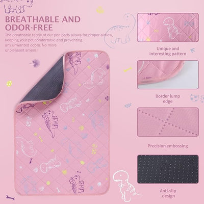 IEUUMLER Washable Pee Pads for Dogs, 1 Pack Non-Slip & Waterproof Pack Whelping Pad, Reusable Washable Puppy Potty Training Pad with Fast Absorbent for Playpen EU007 (Pink Dinosaur, 48"X48"-1pcs)