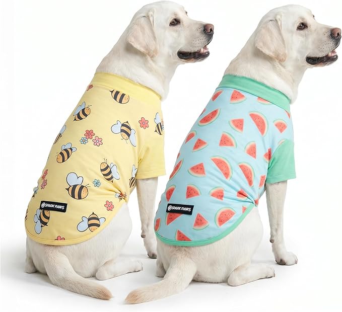 Spark Paws Sunblock Dog T-Shirt, SPF30 Protection, Lightweight Breathable Quick Dry for Dogs with Sensitive Skin - Bees & Watermelon (Set of 2) - Size 3XL