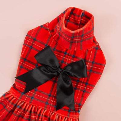 CuteBone Turtleneck Dog Christmas Dress Velvet Puppy Skirt Costume Pet Clothes Cat Apparel with Bow Hair Rope for Small Dogs CVD05M