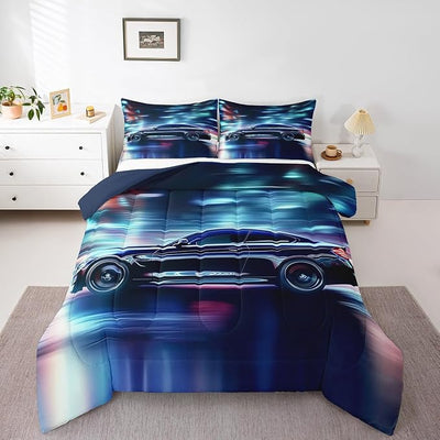 Erosebridal Teens Race Car Comforter Set Twin Size, Speed Sports Car Down Comforter for Kids Boys Girls Youth Bedroom, Cool Automobile Duvet Insert Extreme Sport Theme Bedding Comforters, Blue