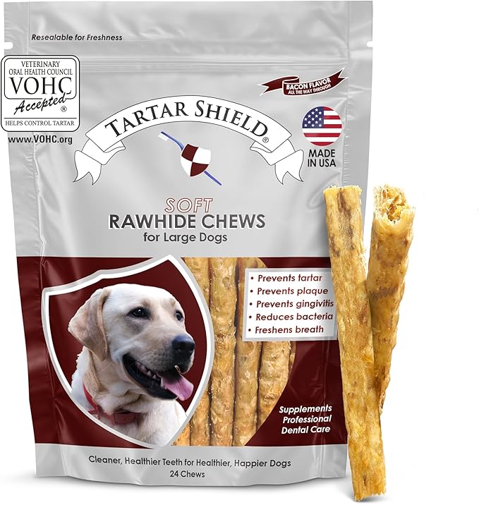 Soft Rawhide Dental Chews for Large Dogs | VOHC Accepted | Reduces Tartar, Controls Plaque & Freshens Breath | Vet Recommended | Bacon Flavor | USA Made | 24 Count