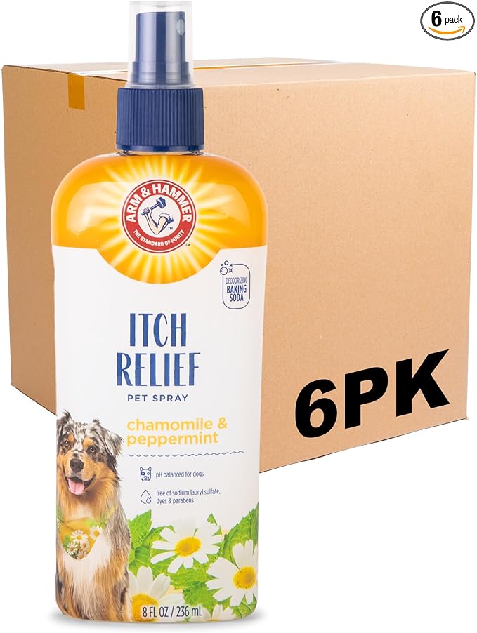 Arm & Hammer for Pets Itch Relief Spray Dogs Baking Soda Soothe Itchy Irritated Skin Hot Spots Chamomile Peppermint 8 FL Oz 6 Pack No Rinse