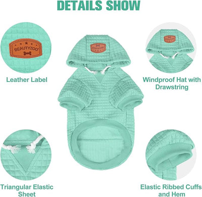BEAUTYZOO Small Dog Hoodie Sweater with Pockets, Dog Clothes for Small Medium Dogs Boy Girl, Waffle-Like Laminated Cotton Pet Coats with Hat and Leash Hole, Mint Green S