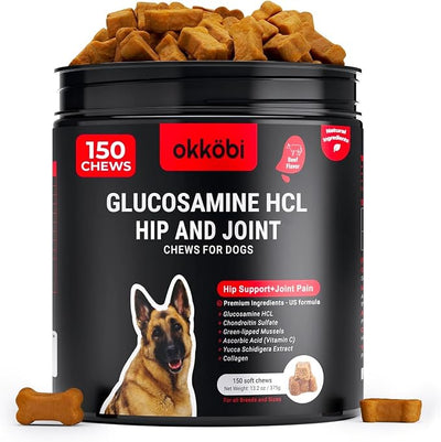 Glucosamine HCL & Hip and Joint Supplement for Dogs - 150 pcs - Hip and Joint Chews for Dogs - Vet Approved US Formula with MSM & Green Lipped Mussel - Beef