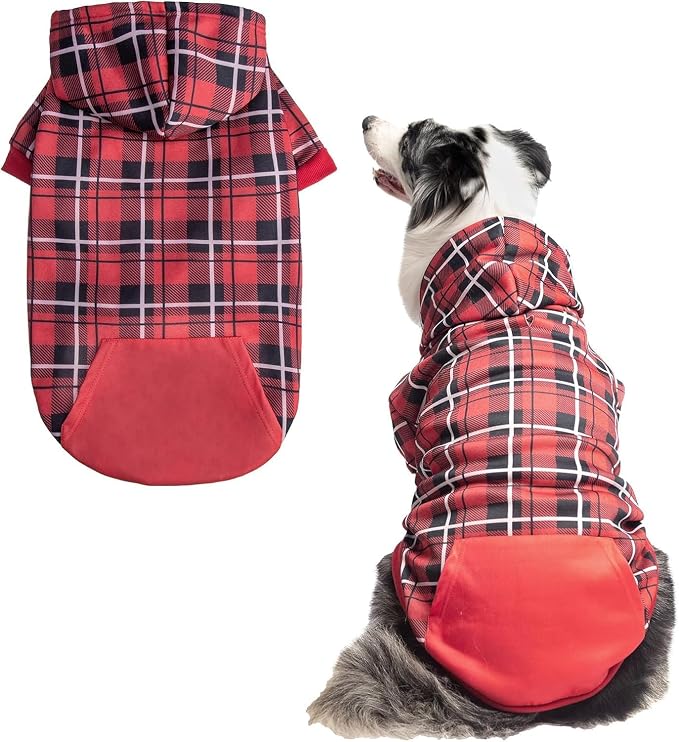 EXPAWLORER Plaid Dog Hoodie - British Style Warm Dog Sweater Shirt with Leash Hole,Pitbull Clothes Outfits,Winter Coat Apparel for All Breeds Puppy Girl Boy-Cat Apparel,Red X-Large