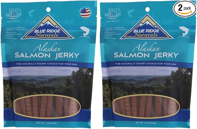 Blue Ridge Naturals 2 Pack of Alaskan Salmon Jerky Wheat-Free Dog Treats, 1 Pound each, Made in the USA