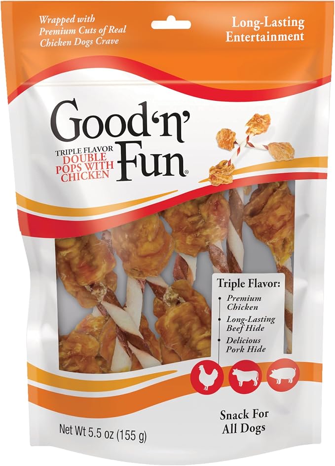 GOOD N' FUN Double Pops Long-Lasting Dog Treat, with Real Proteins, Beef Hide and Premium Chicken, Supports Dental Health, Mental Stimulation, 5.5 oz