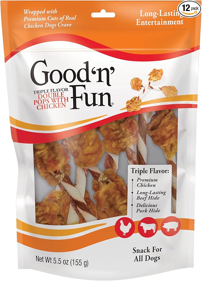 GOOD N' FUN Triple Flavor Double Pops Treats for Dogs, Long-Lasting Chews Made with Real Chicken, Beef Hide and Pork Hide, 5.5 oz (Pack of 12)