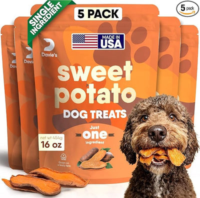 Davie's Sweet Potato Dog Treats - Healthy Dog Chews, Low Fat, Made in USA, 1 lb Bag - Pack of 5