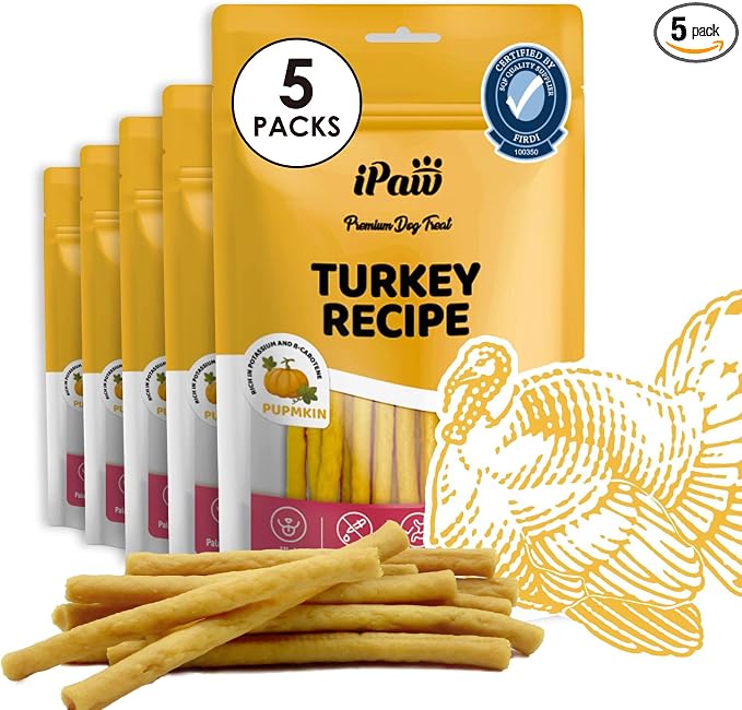 iPaw 5 Stock-Up Combo Turkey Dog Treats, SQF Certified Human Grade Dog Treat, Suitable for Training Chew, Hypoallergenic, Rawhide Alternative, Thin Stick (Pumpkin), 5 Packs