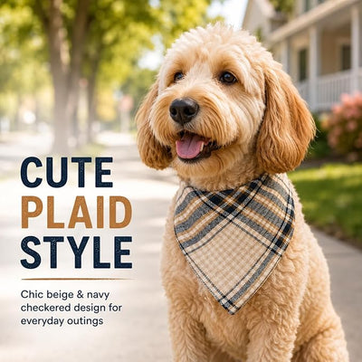Dog Bandana Beige Navy Plaid 100% Cotton,Soft Adjustable Snap Closure,Large