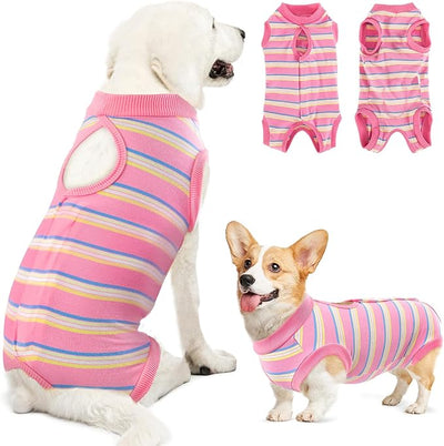 Lukovee Recovery Suit for Dogs, Onesie Surgery Recovery Suit for Female Male Dogs, Abdominal Wounds Cone E-Collar Alternative Prevent Licking Spay Recovery Suit (Pink Stripes,L)