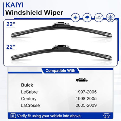 KAIYI 22" + 22" Windshield Wipers Compatible with Buick LeSabre 1997-2005,Century 1998-2005,LaCrosse 2005-2009 Premium Automotive Replacement Windshield Wiper Blades 2 Pack