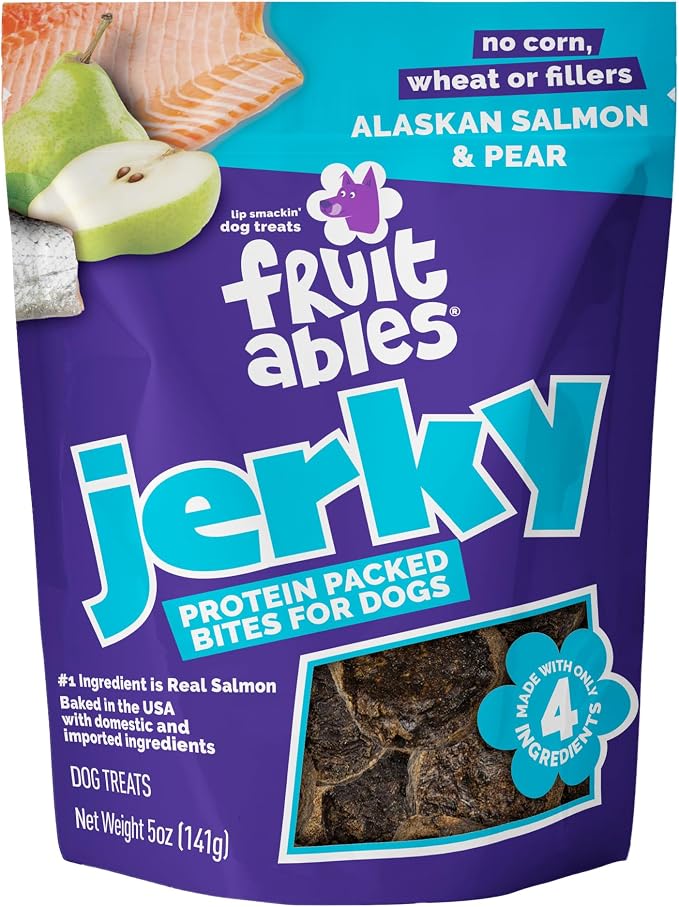 Fruitables Whole Jerky Bites, Healthy Dog Treats, Puppy Essentials, Jerky Dog Treats, Made in the USA, No Artificial Ingredients, Alaskan Salmon & Pear Flavor, 5oz
