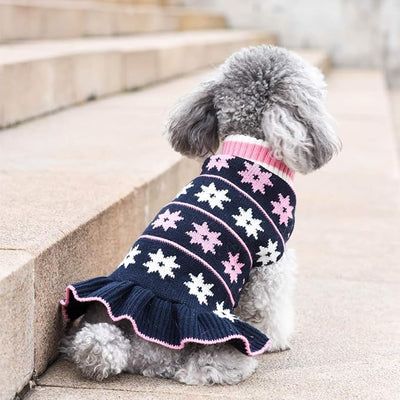 KYEESE Dog Sweater for Small Dogs Fall Winter Dogs Clothes Warm Pet Coats Turtleneck Knit for Girl Pet Sweater with Leash Hole Dog Sweater Dress with Classic Snow flake Pattern, Girl Navyblue, X-Small