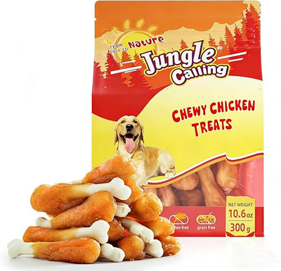 Jungle Calling Chewy Chicken Dog Treats – Rawhide Free Real Chicken Calcium Bones for Teeth Cleaning & Fresh Breath, Natural Training Treats for Small Medium Large Dogs (10.6 oz)