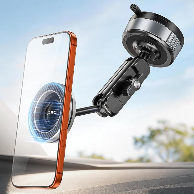 Car Phone Mount for MagSafe, Magnetic Suction Cup Holder | Windshield & Dashboard Mount, Aluminum Tri-Pivot Arm, 67mm Gel-Lock Twist-Lock Suction Cup, Universal Phone Compatibility