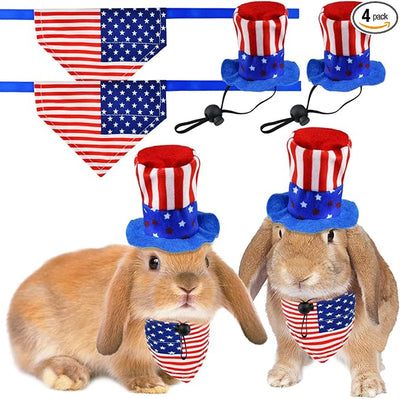 4 Pcs Pet Independence Day Costume Pet 4th of July Guinea Pig Hat and Bandana Uncle Sam Rabbit Hat American Flag Small Animals Hat Bandana Triangle Bib Scarf with Stars and Stripes Pattern (L)