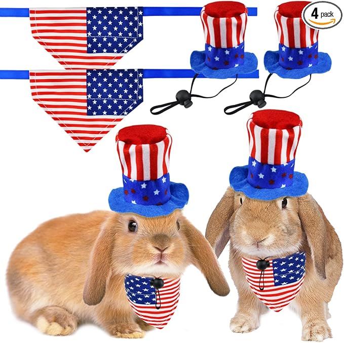 4 Pcs Pet Independence Day Costume Pet 4th of July Guinea Pig Hat and Bandana Uncle Sam Rabbit Hat American Flag Small Animals Hat Bandana Triangle Bib Scarf with Stars and Stripes Pattern (L)