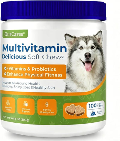 Dog Multivitamin Soft Chews — Glucosamine, Probiotics & Omega 3 for Hip & Joint Support, Skin & Coat, Immune & Digestive Health — Senior Dog Vitamins for All Breeds, Chicken Flavor, 100 Count
