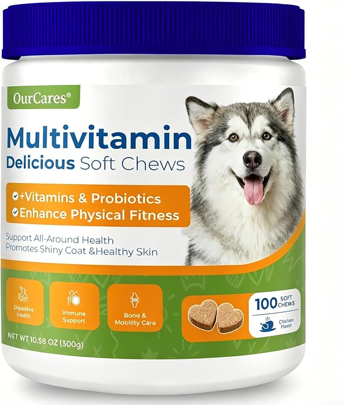Dog Multivitamin Soft Chews — Glucosamine, Probiotics & Omega 3 for Hip & Joint Support, Skin & Coat, Immune & Digestive Health — Senior Dog Vitamins for All Breeds, Chicken Flavor, 100 Count