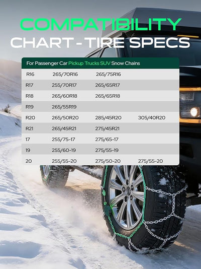 YHTAUTO Set of 2 Snow Chains 16mm for Pickup Truck SUV Passenger Car Universal Fit Tire Chains Auto-Tightening Quick Installation, Anti-slip Traction in Snow, Mud, Sand | SWC0004