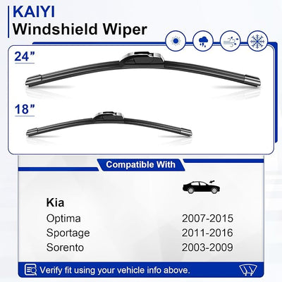KAIYI 24" + 18" Windshield Wipers Compatible with Kia Optima 2007-2015,Sportage 2011-2016,Sorento 2003-2009 Premium Automotive Replacement Windshield Wiper Blades 2 Pack