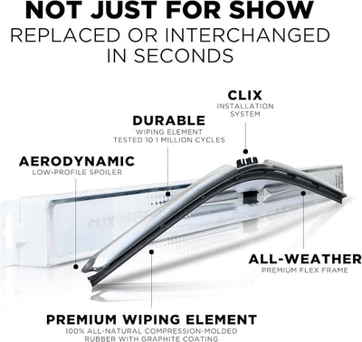 ClixWipers 26" + 18" (Set of 2) Chrome All Weather Premium Automotive Replacement Windshield Wiper Blades, Passenger and Driver Side Winter Wiper Blades for Various Car Models