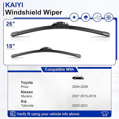 KAIYI 26" + 18" Windshield Wipers Compatible with Toyota Prius 2004-2009,Nissan Murano 2007 2015-2019,Kia Telluride 2020-2021 Premium Automotive Replacement Windshield Wiper Blades 2 Pack