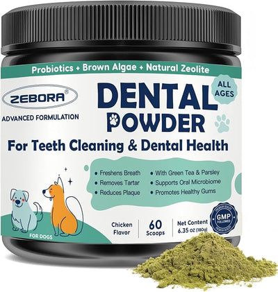 ZEBORA Dog Teeth Cleaning Powder - Dog Breath Freshener Dental Powder, Targets Bad Breath, Plaque Off & Tartar Remover, Natural Dental Care for Healthy Gums, 180g