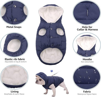 SAWMONG Waterproof Dog Winter Coat, Warm Fleece Lined Dog Jacket with Hood, Windproof Puppy Coat, Pet Apparel Vest Outdoor&Indoor Winter Activities(Blue,S)