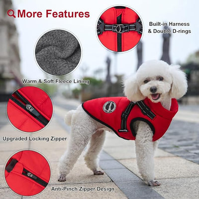Warm Dog Winter Coat, Fashion Cold Weather Jacket with Built-in Harness, Reflective & Adjustable Comfortable Pet Vest, Windproof Apparel for Small Medium Large Dogs(Red