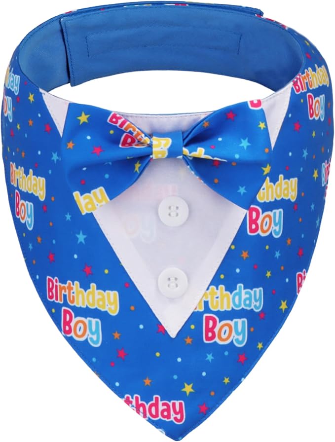 Birthday Boy Dog Tuxedo Bandana, Blue Collar with Bow Tie, Adjustable Formal Birthday Costume for Medium Dogs (M)