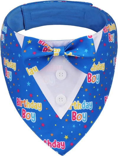 ADOGGYGO Birthday Boy Dog Tuxedo Bandana, Blue Collar with Bow Tie, Adjustable Formal Birthday Costume for Extra Large Dogs (XL)