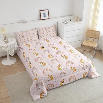 Dog Bedding Set for Kids, Cute Pug Rainbow Comforter Set Full, Cartoon Love Heart Down Comforter for Boys Girls Children Bedroom, Cartoon Animal Puppy Quilted Duvet 3Pcs with 2 Pillow Cases, Pink