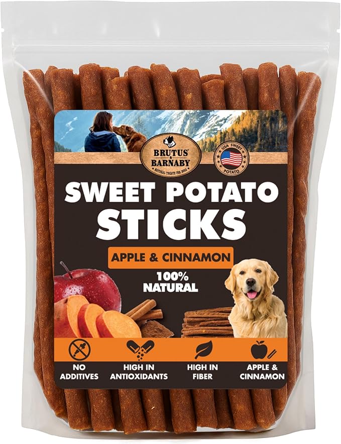 BRUTUS & BARNABY USA Sweet Potato Dog Treats - Crunchy Grain Free Cinnamon Apple Sticks, Promotes Positive Gut Health with Natural Anti-Diarrhea Properties (Cinnamon & Apple, 12 oz)