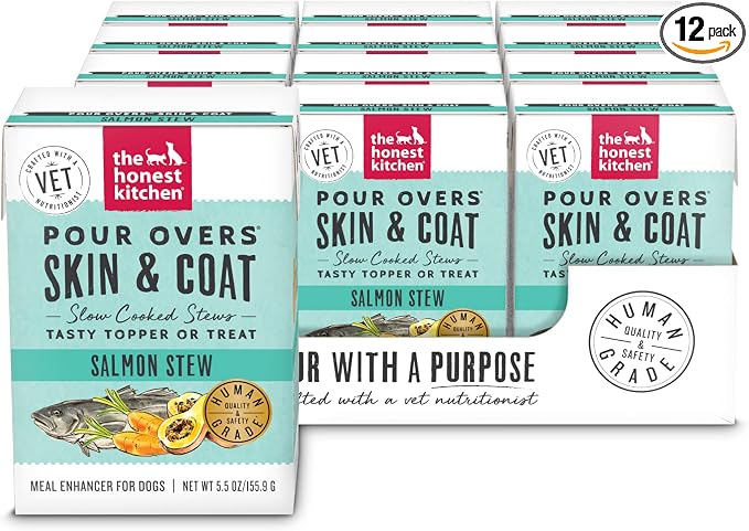 The Honest Kitchen Human Grade Functional Pour Overs: Skin & Coat - Salmon Stew Dog Food Topper, 5.5 oz x12
